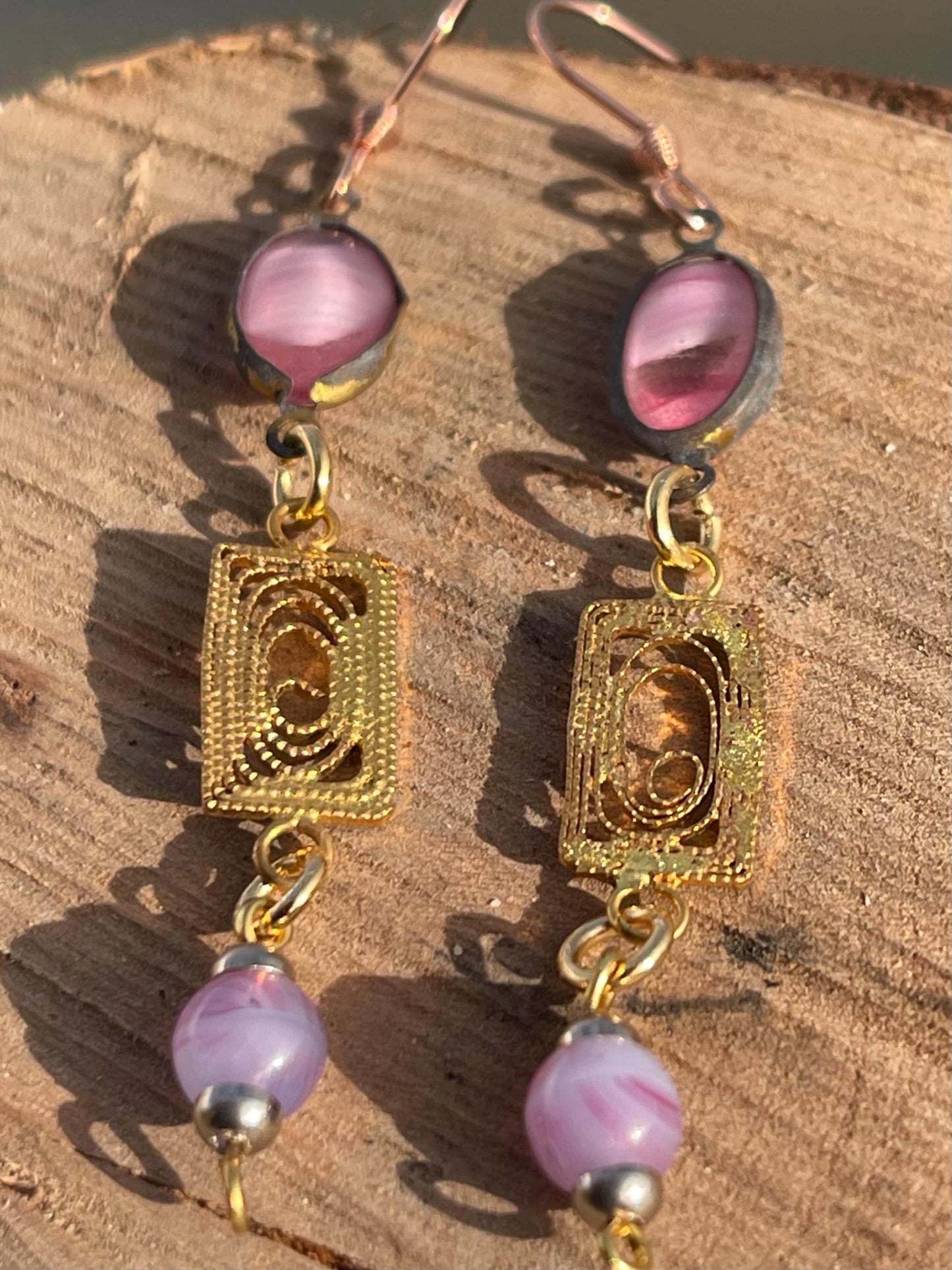 Beautiful pink & gold vintage earrings. Eco friendly jewellery made from stunning vintage beading. Eco friendly earrings. Ethical jewellery.