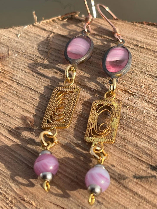 Beautiful pink & gold vintage earrings. Eco friendly jewellery made from stunning vintage beading. Eco friendly earrings. Ethical jewellery.