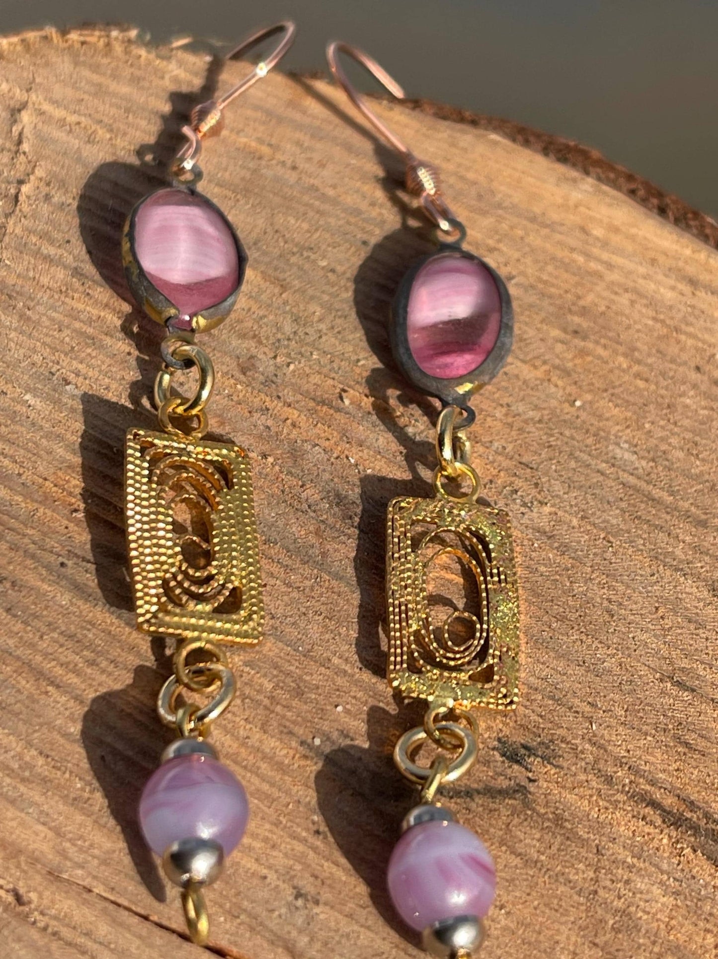 Beautiful pink & gold vintage earrings. Eco friendly jewellery made from stunning vintage beading. Eco friendly earrings. Ethical jewellery.