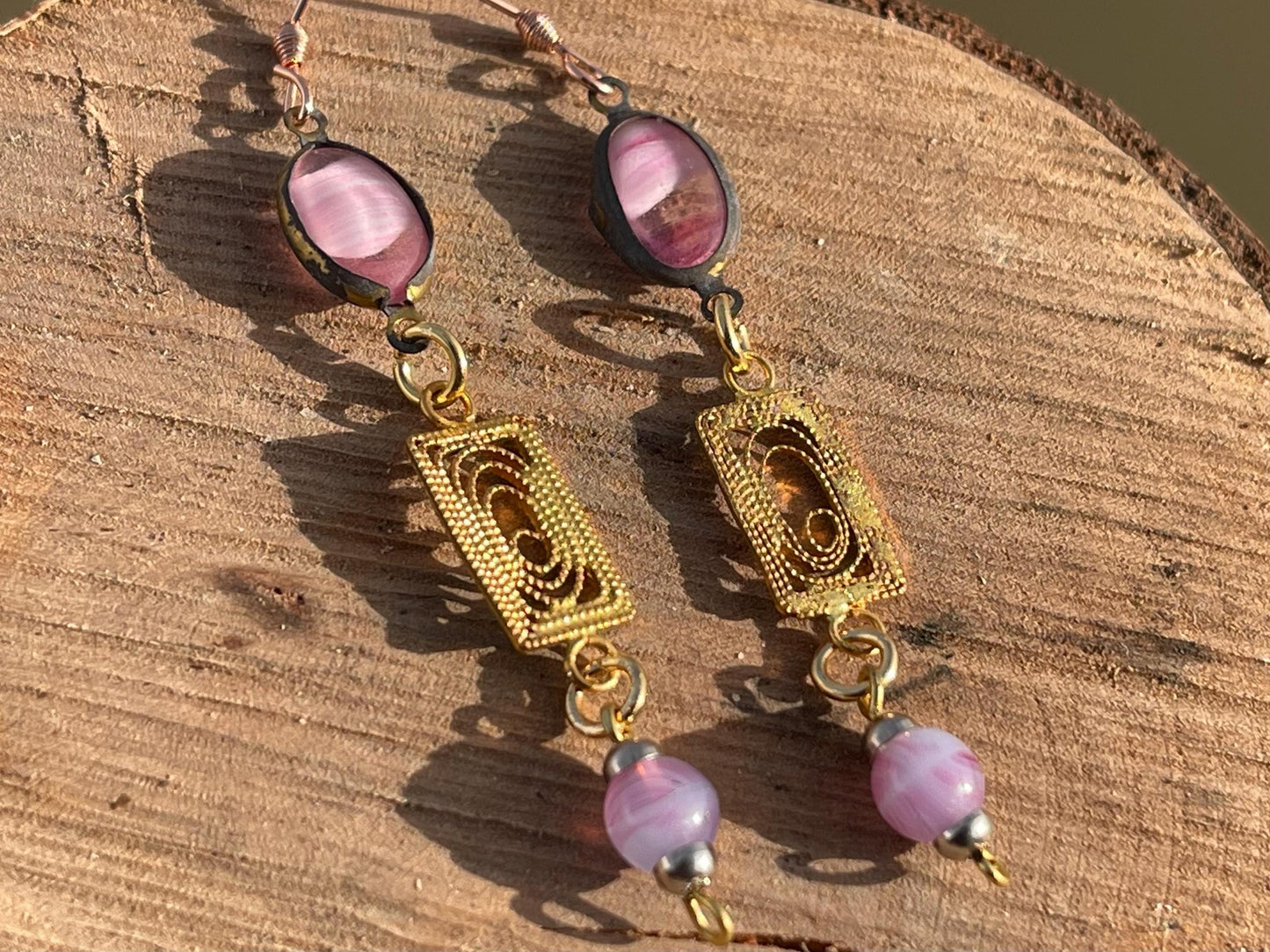 Beautiful pink & gold vintage earrings. Eco friendly jewellery made from stunning vintage beading. Eco friendly earrings. Ethical jewellery.