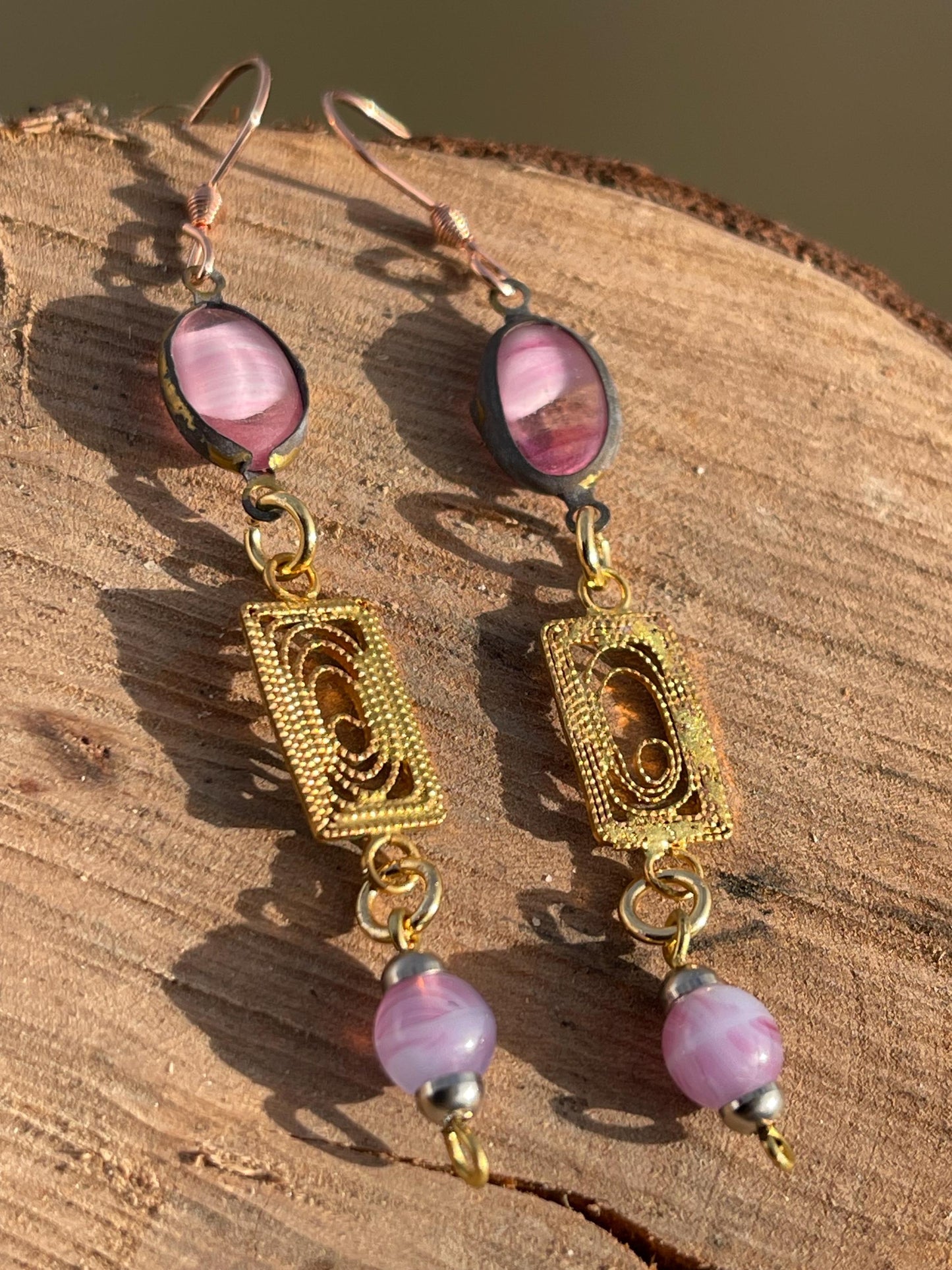Beautiful pink & gold vintage earrings. Eco friendly jewellery made from stunning vintage beading. Eco friendly earrings. Ethical jewellery.