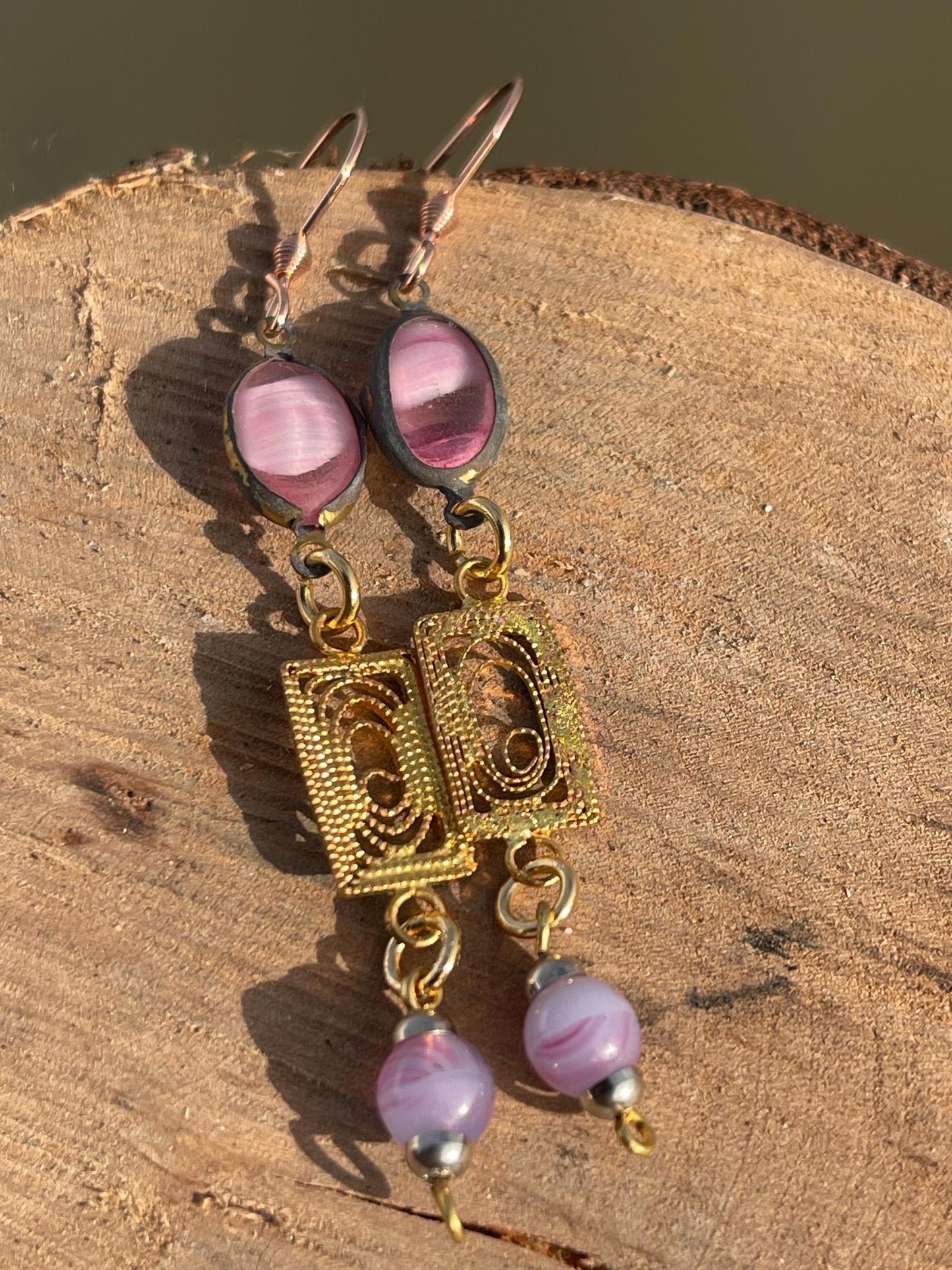 Beautiful pink & gold vintage earrings. Eco friendly jewellery made from stunning vintage beading. Eco friendly earrings. Ethical jewellery.