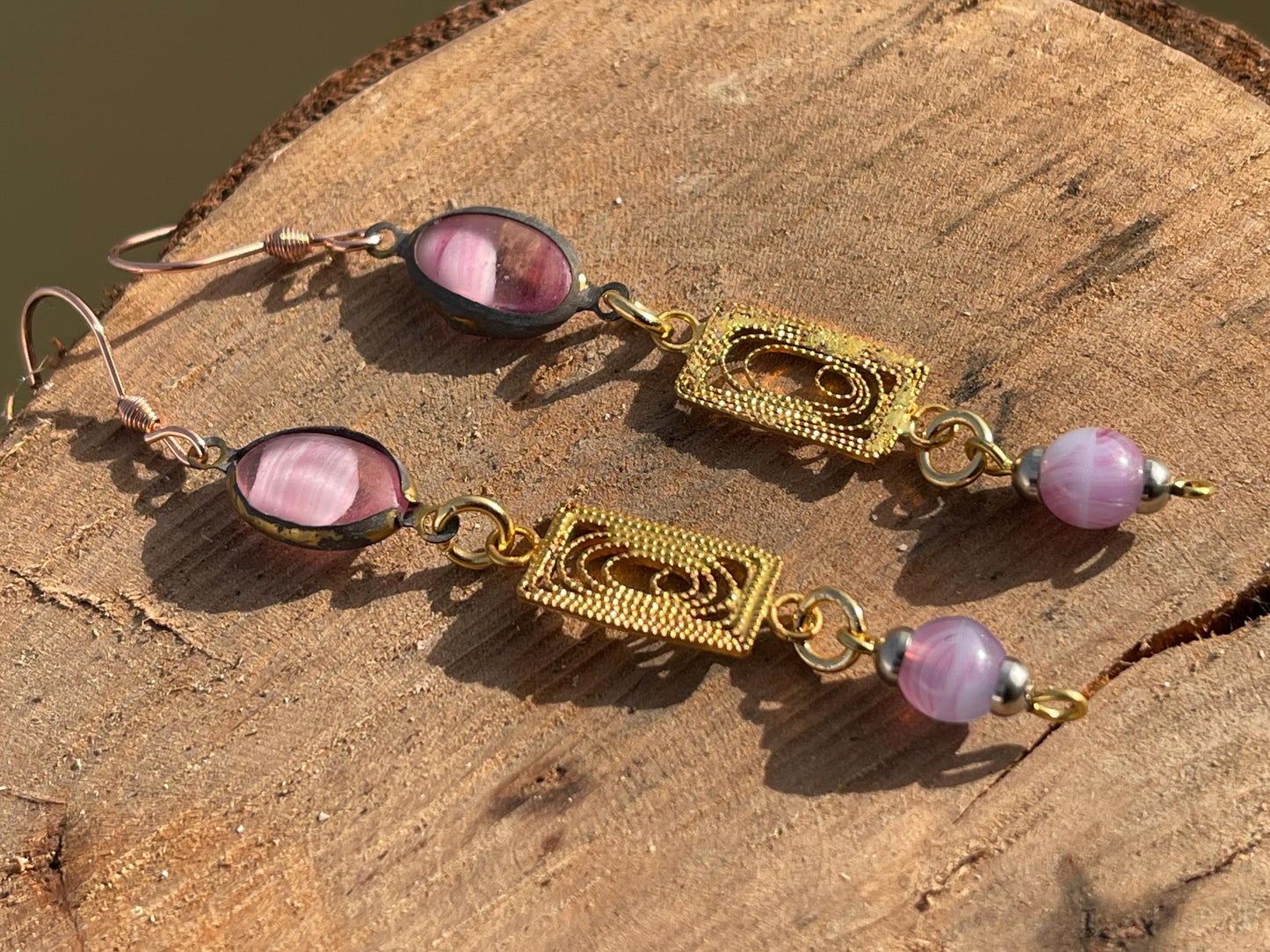 Beautiful pink & gold vintage earrings. Eco friendly jewellery made from stunning vintage beading. Eco friendly earrings. Ethical jewellery.