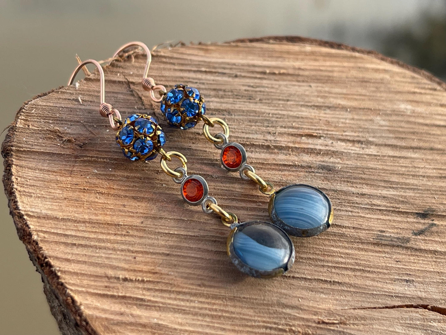 Beautiful blue & red vintage earrings. Eco friendly jewellery made from stunning vintage beading. Eco friendly earrings. Ethical jewellery.