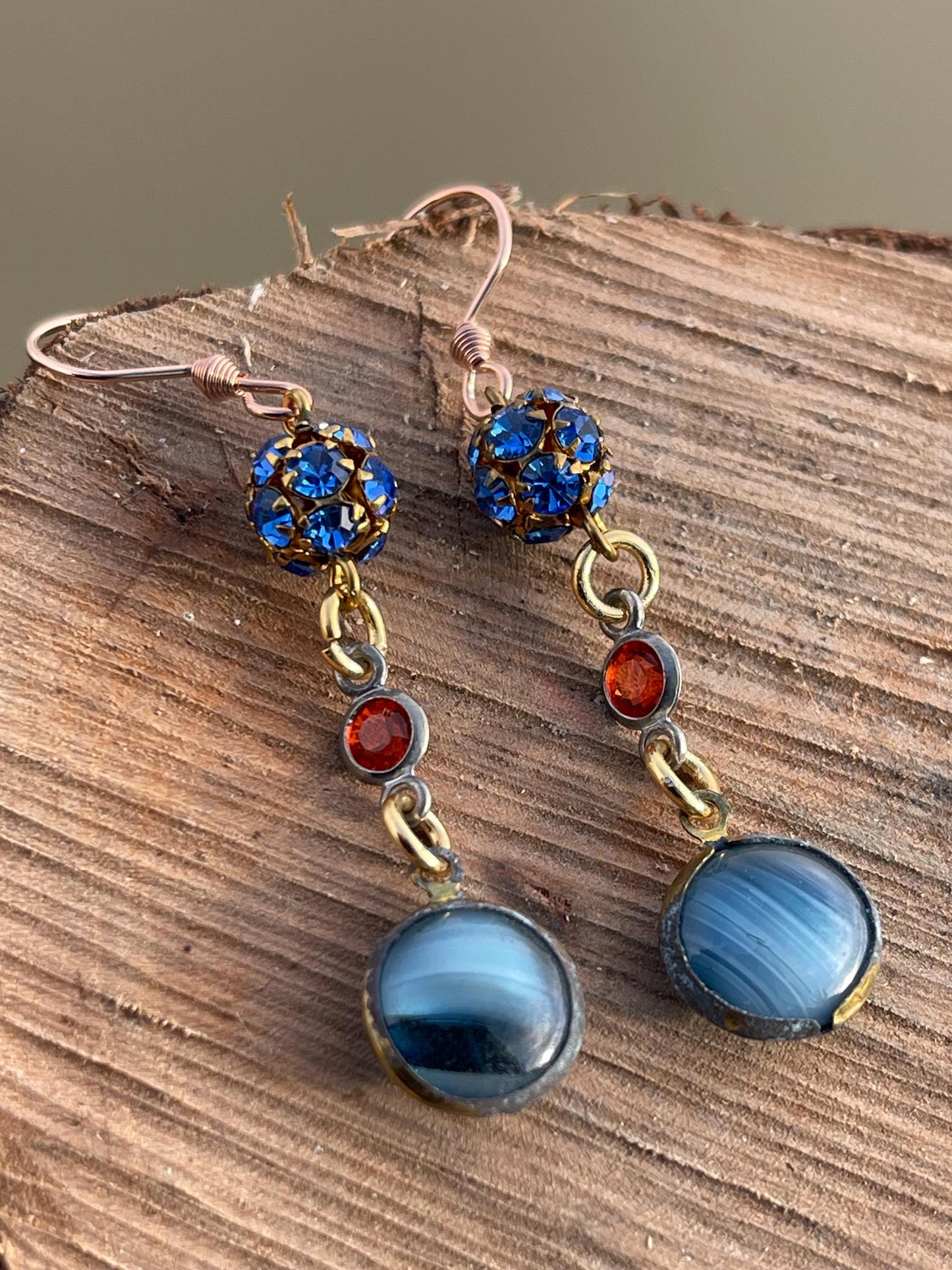Beautiful blue & red vintage earrings. Eco friendly jewellery made from stunning vintage beading. Eco friendly earrings. Ethical jewellery.