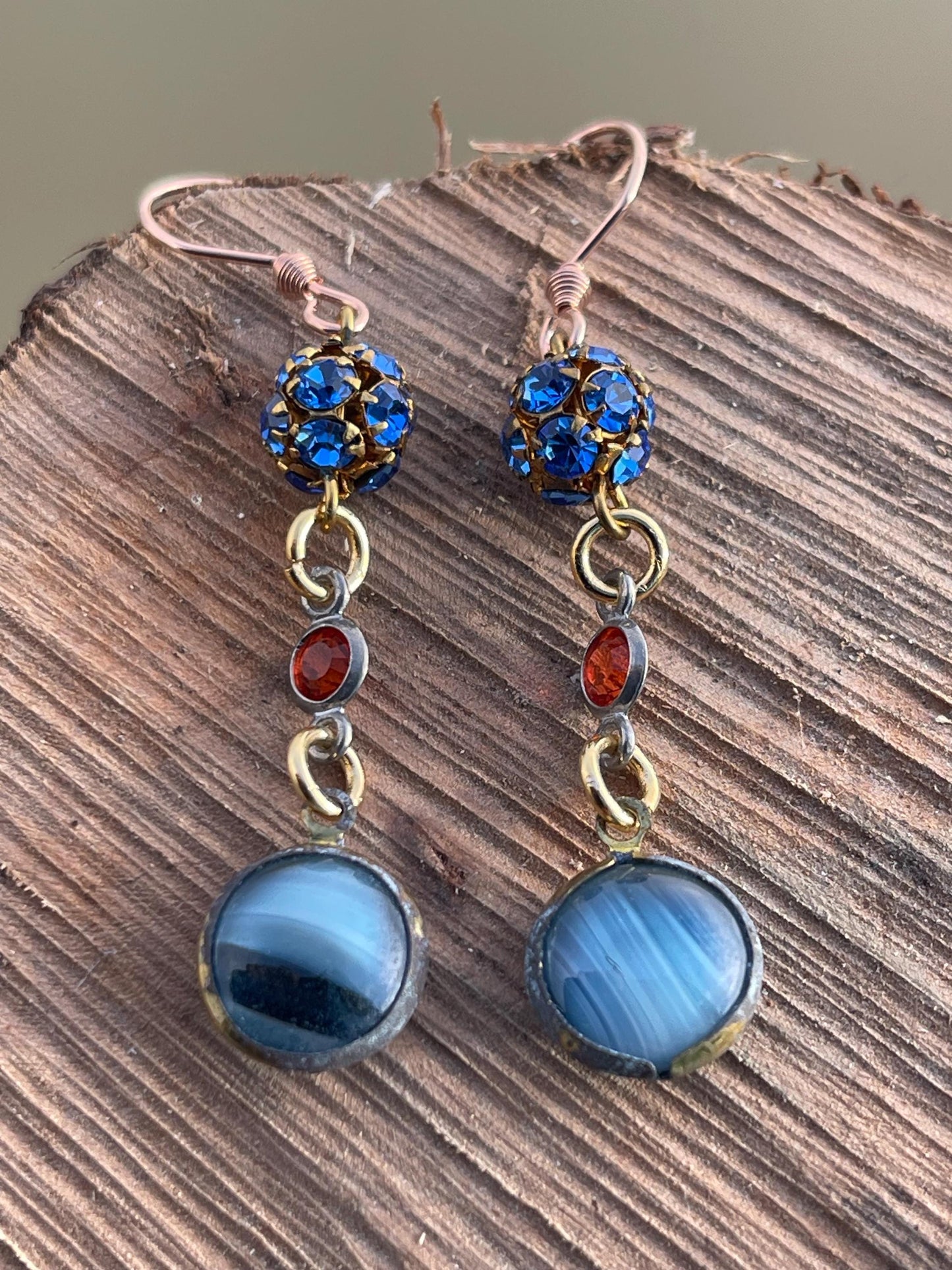 Beautiful blue & red vintage earrings. Eco friendly jewellery made from stunning vintage beading. Eco friendly earrings. Ethical jewellery.