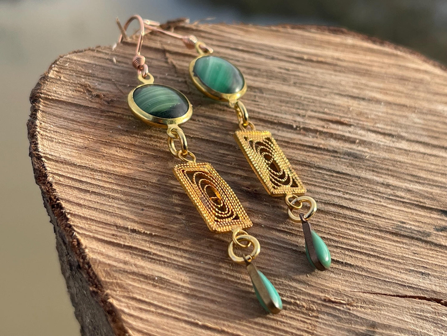 Beautiful green & gold vintage earrings. Eco friendly jewellery made from stunning vintage beading. Eco friendly earrings. Ethical jewellery