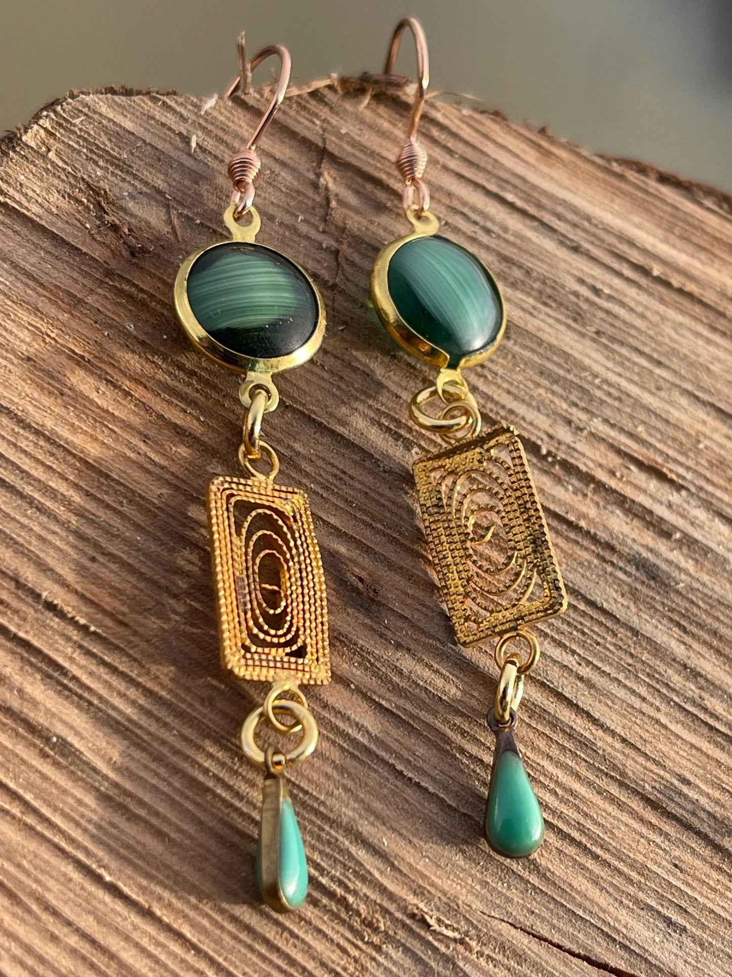 Beautiful green & gold vintage earrings. Eco friendly jewellery made from stunning vintage beading. Eco friendly earrings. Ethical jewellery