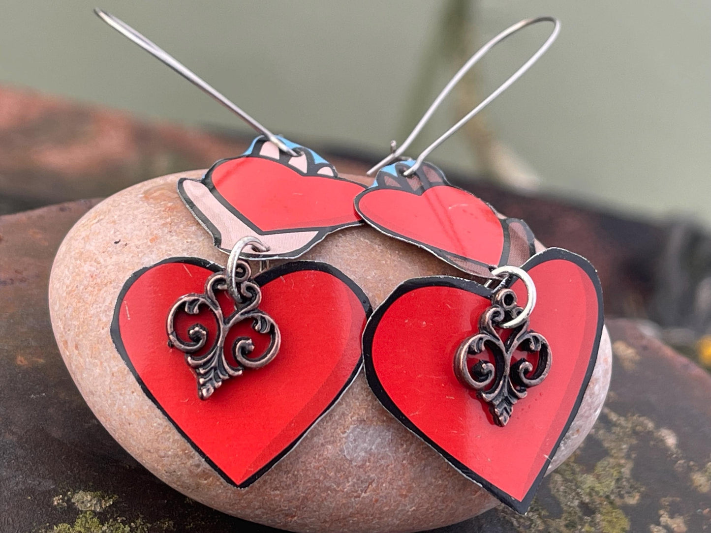 Recycled earrings, heart jewellery, recycled jewellery, heart earrings, eco friendly jewellery, boho gift for her, ethical jewellery