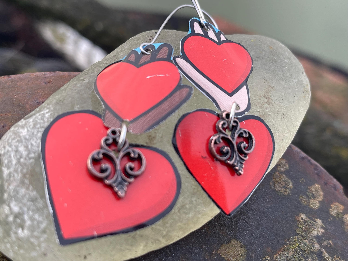 Recycled earrings, heart jewellery, recycled jewellery, heart earrings, eco friendly jewellery, boho gift for her, ethical jewellery
