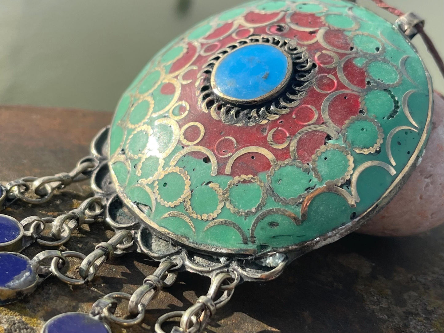 Gypsy jewellery. Very large statement necklace. Vintage jewellery, ethical jewellery, red and green pendant, boho necklace, unique necklace