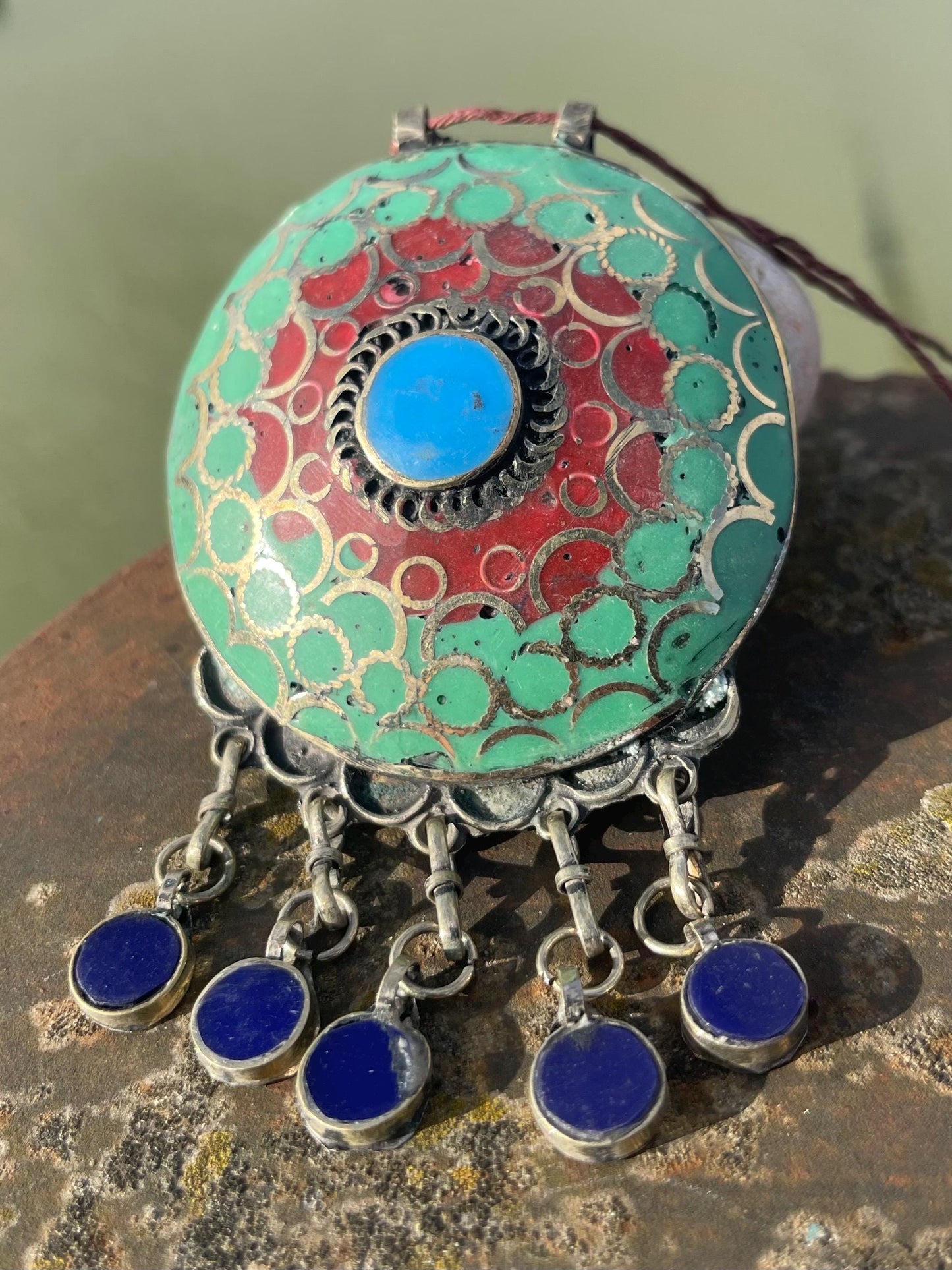 Gypsy jewellery. Very large statement necklace. Vintage jewellery, ethical jewellery, red and green pendant, boho necklace, unique necklace