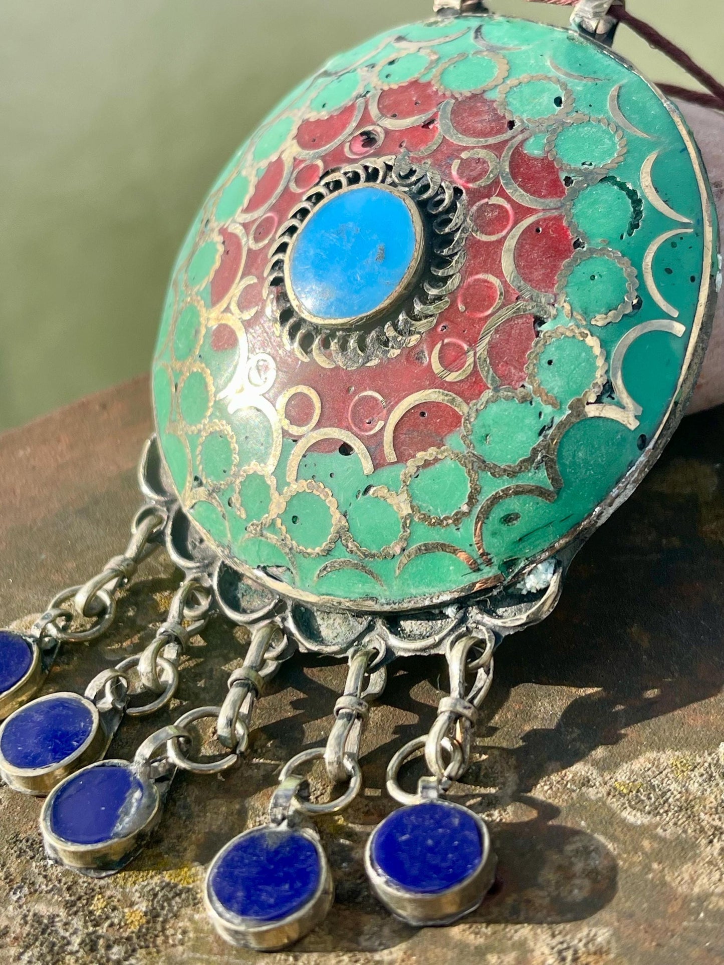 Gypsy jewellery. Very large statement necklace. Vintage jewellery, ethical jewellery, red and green pendant, boho necklace, unique necklace