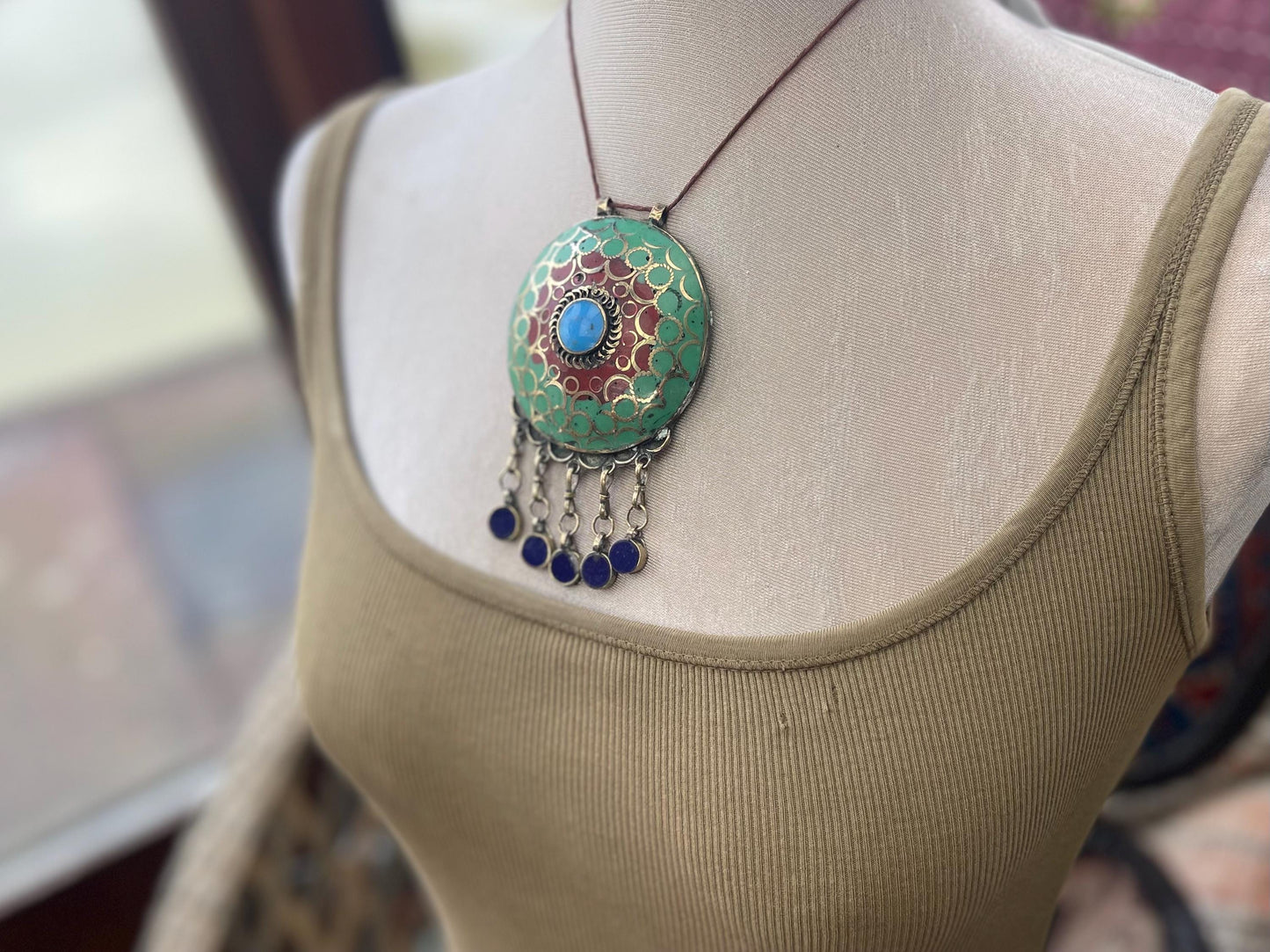 Gypsy jewellery. Very large statement necklace. Vintage jewellery, ethical jewellery, red and green pendant, boho necklace, unique necklace