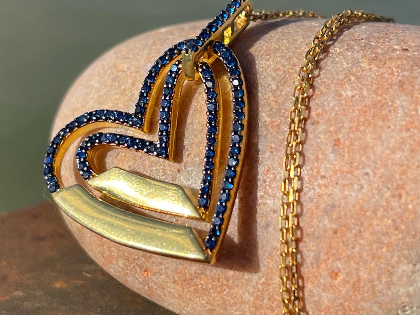 Vintage heart necklace, gold heart jewellery, blue hearts, ethical jewellery. Eco friendly jewellery. Ethical jewellery. Romantic gifts.