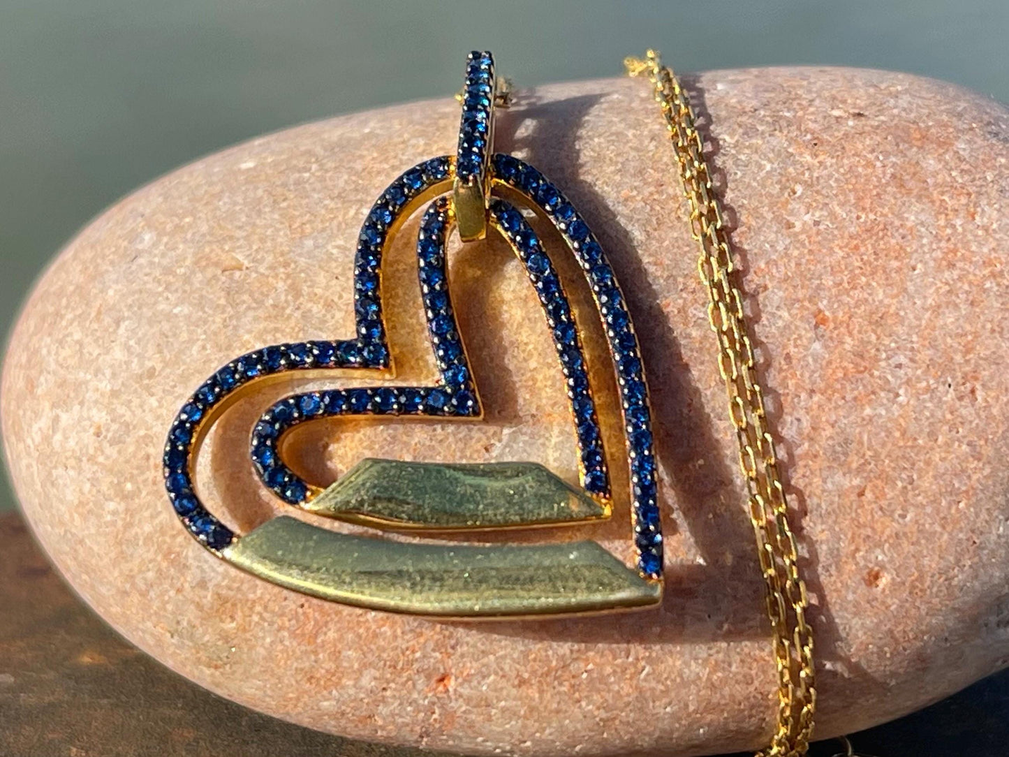 Vintage heart necklace, gold heart jewellery, blue hearts, ethical jewellery. Eco friendly jewellery. Ethical jewellery. Romantic gifts.