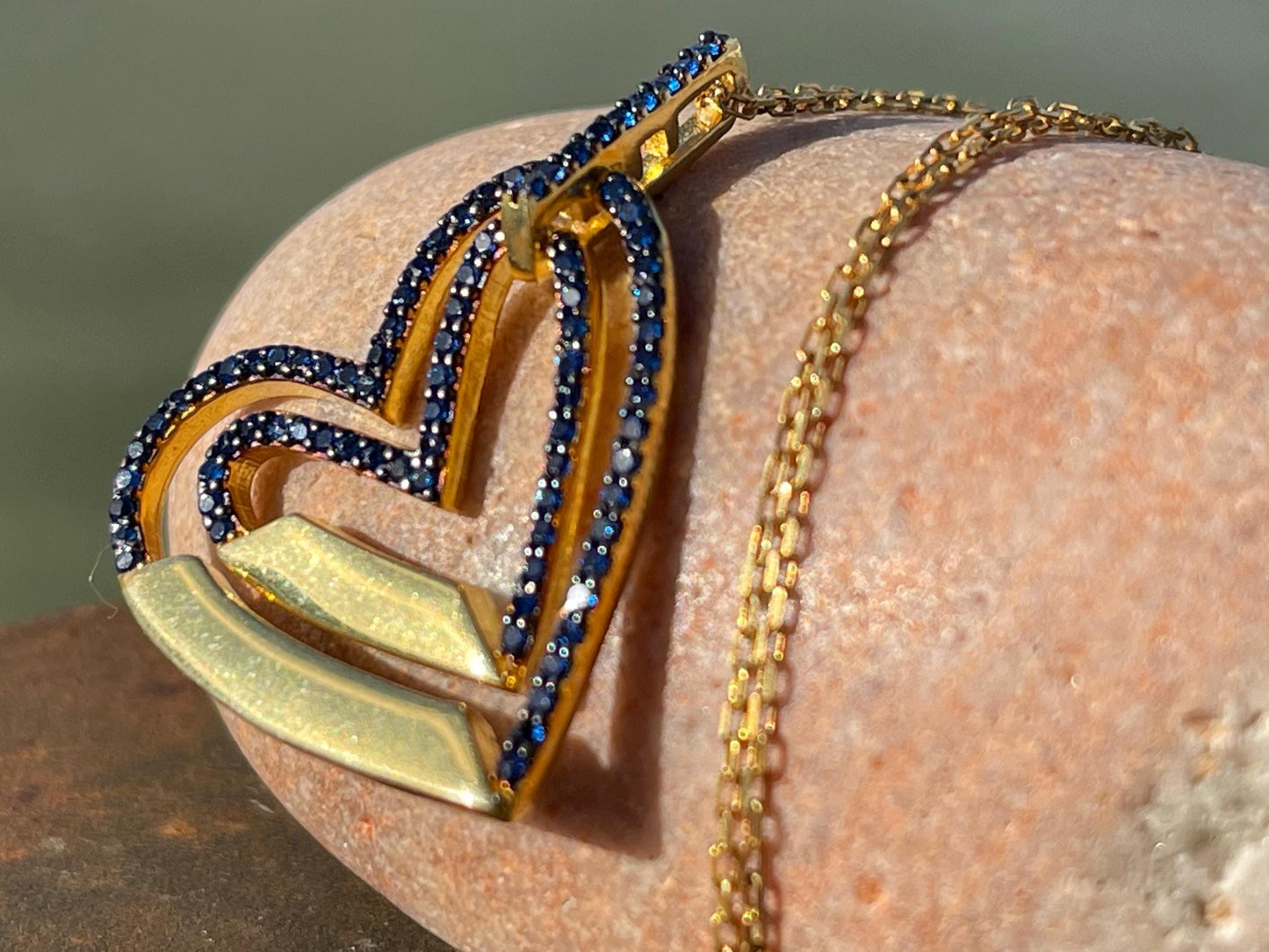 Vintage heart necklace, gold heart jewellery, blue hearts, ethical jewellery. Eco friendly jewellery. Ethical jewellery. Romantic gifts.