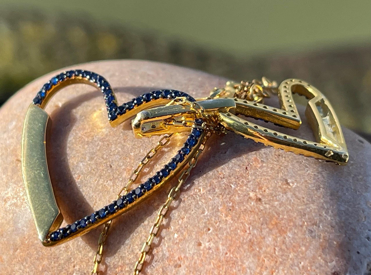 Vintage heart necklace, gold heart jewellery, blue hearts, ethical jewellery. Eco friendly jewellery. Ethical jewellery. Romantic gifts.