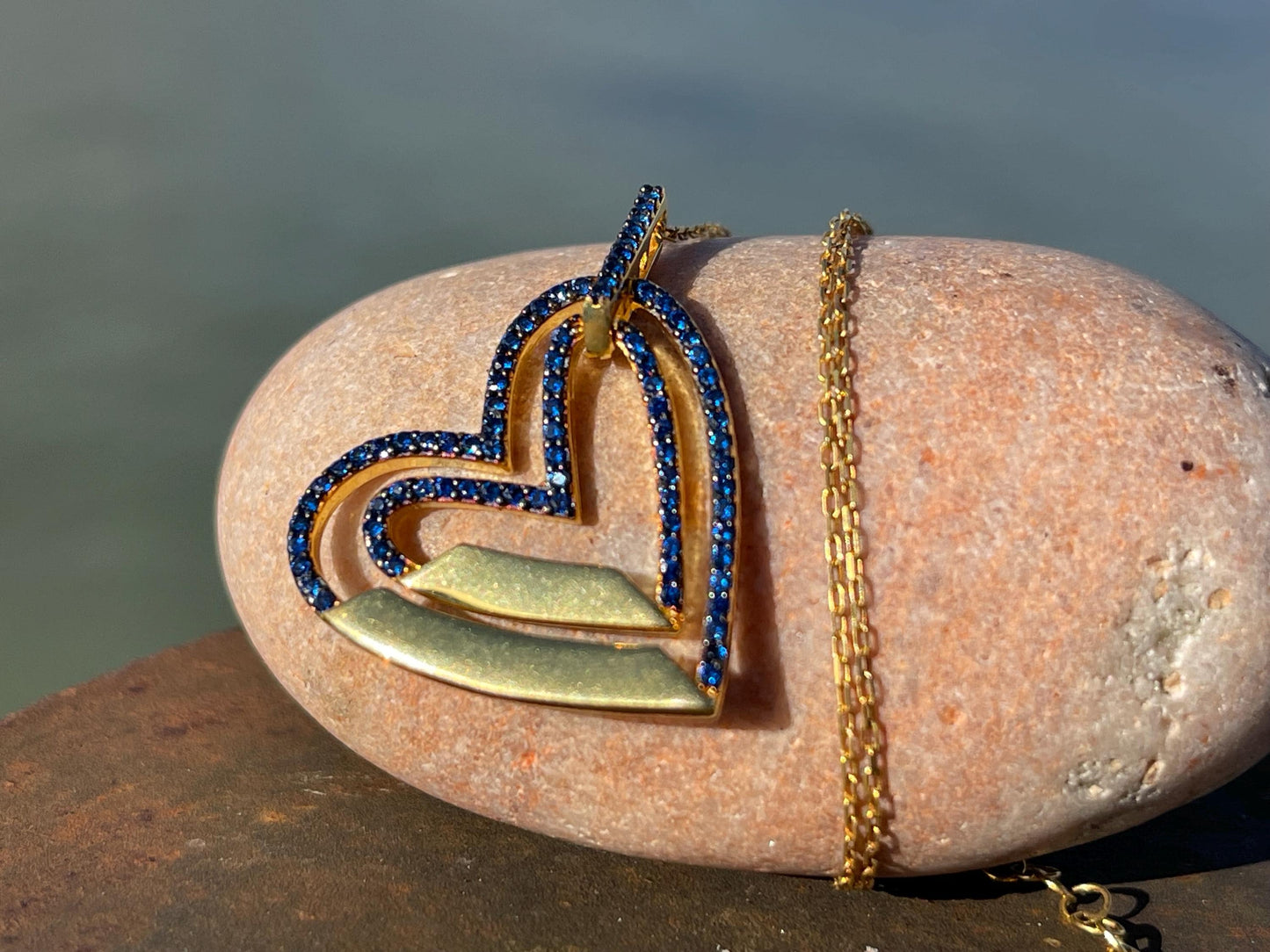 Vintage heart necklace, gold heart jewellery, blue hearts, ethical jewellery. Eco friendly jewellery. Ethical jewellery. Romantic gifts.