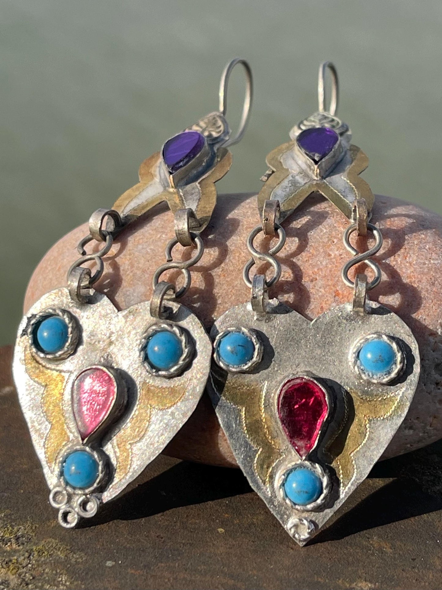 Vintage heart earrings, silver heart jewellery, blue hearts, ethical jewellery, gypsy earrings. Eco friendly jewellery. Ethical jewellery.