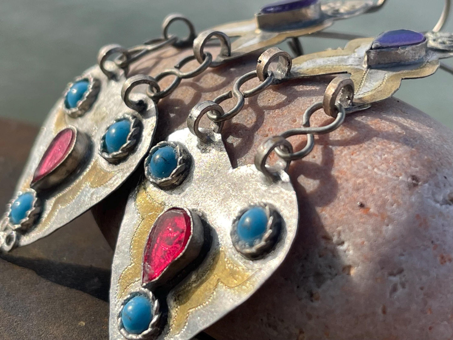 Vintage heart earrings, silver heart jewellery, blue hearts, ethical jewellery, gypsy earrings. Eco friendly jewellery. Ethical jewellery.