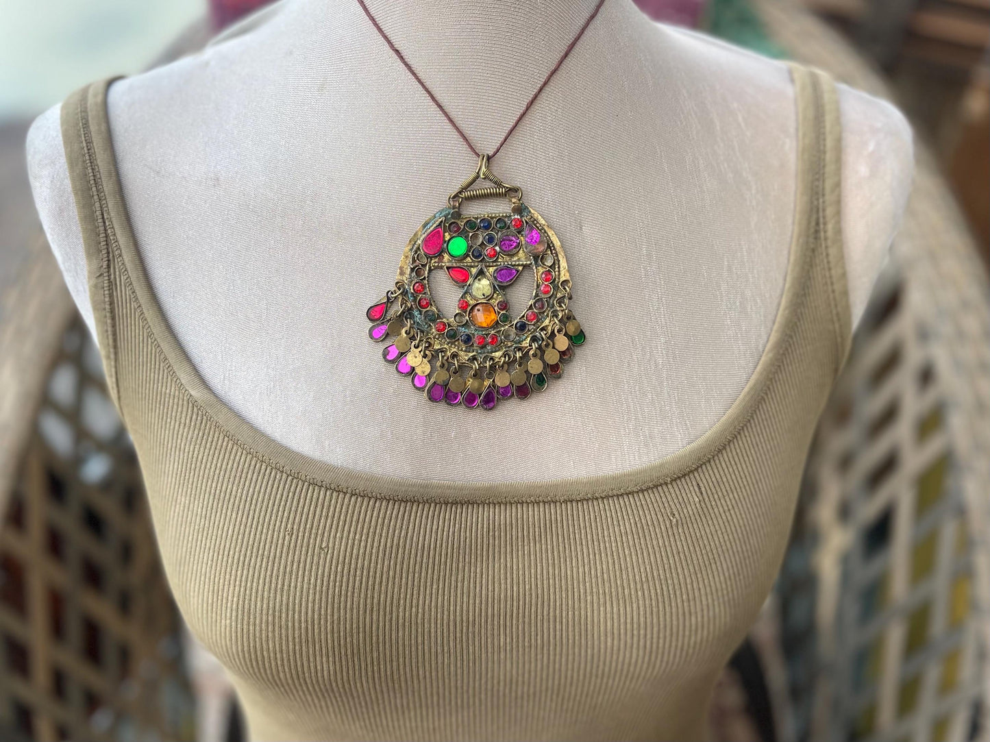 Vintage enamel and brass necklace, tribal jewellery. Unusual vintage pendants. Vintage jewellery. Unique necklaces. Unusual heart necklace