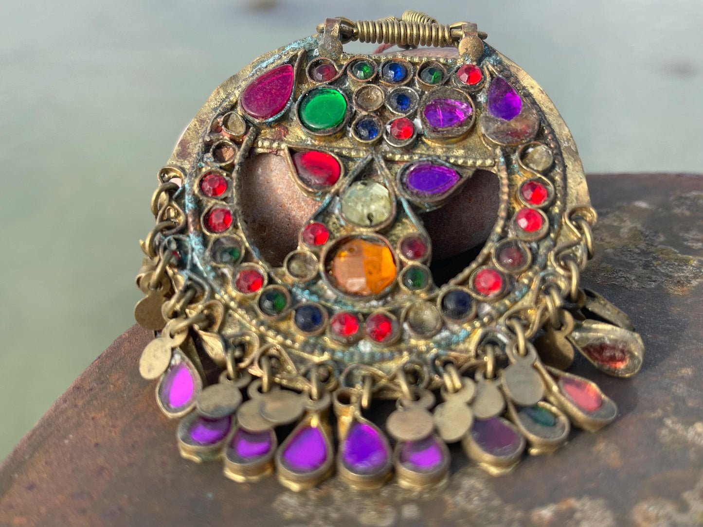 Vintage enamel and brass necklace, tribal jewellery. Unusual vintage pendants. Vintage jewellery. Unique necklaces. Unusual heart necklace