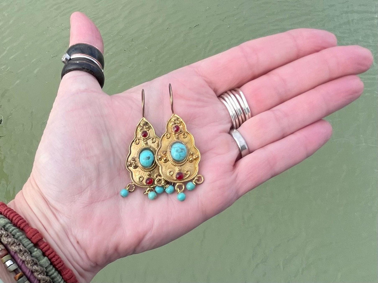 Unusual vintage jewellery, gold vintage earrings, blue jewellery, ethical jewellery, gypsy earrings, romantic gifts, eco friendly jewellery