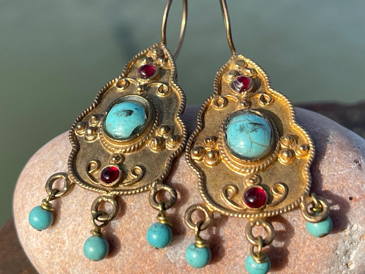 Unusual vintage jewellery, gold vintage earrings, blue jewellery, ethical jewellery, gypsy earrings, romantic gifts, eco friendly jewellery