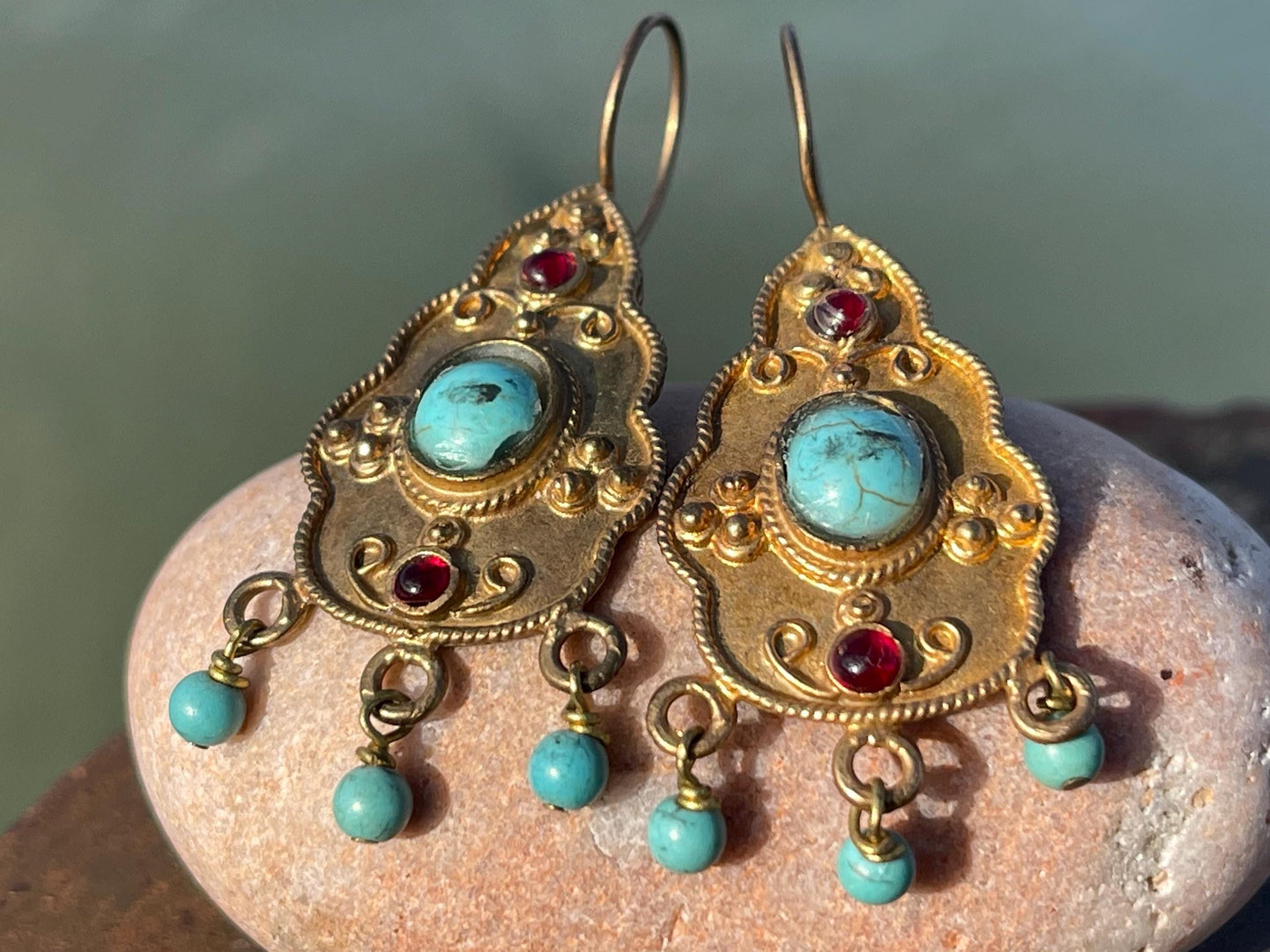 Unusual vintage jewellery, gold vintage earrings, blue jewellery, ethical jewellery, gypsy earrings, romantic gifts, eco friendly jewellery