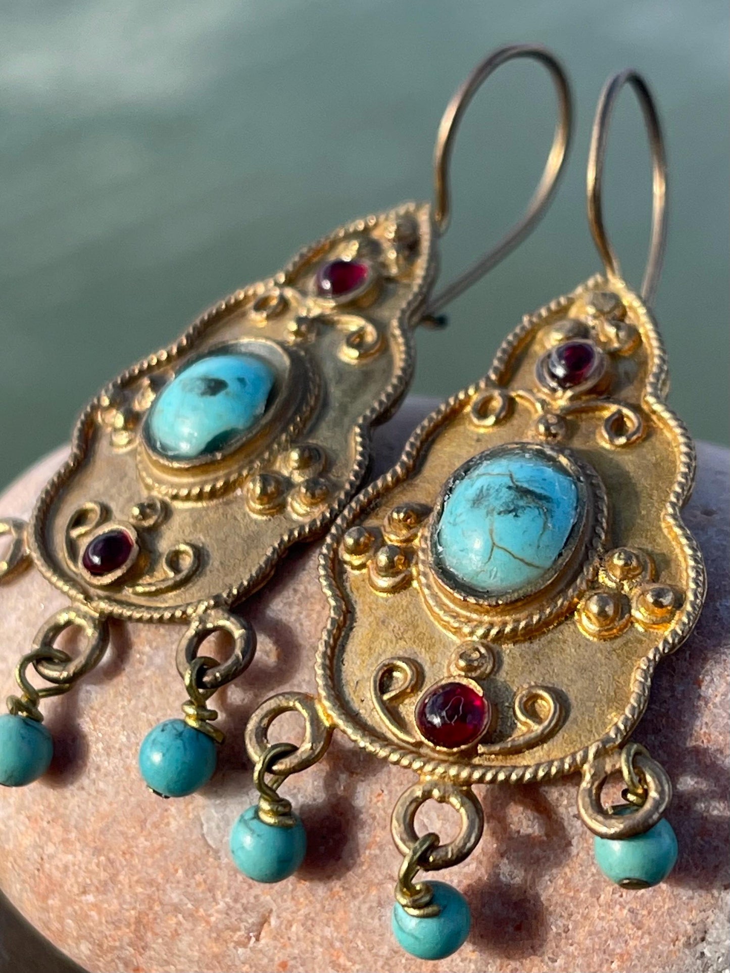 Unusual vintage jewellery, gold vintage earrings, blue jewellery, ethical jewellery, gypsy earrings, romantic gifts, eco friendly jewellery