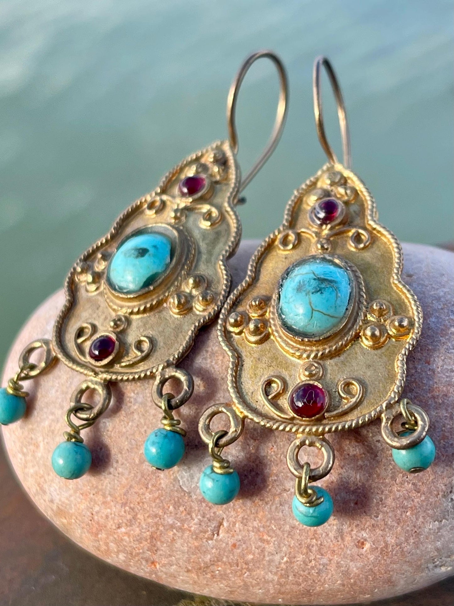 Unusual vintage jewellery, gold vintage earrings, blue jewellery, ethical jewellery, gypsy earrings, romantic gifts, eco friendly jewellery