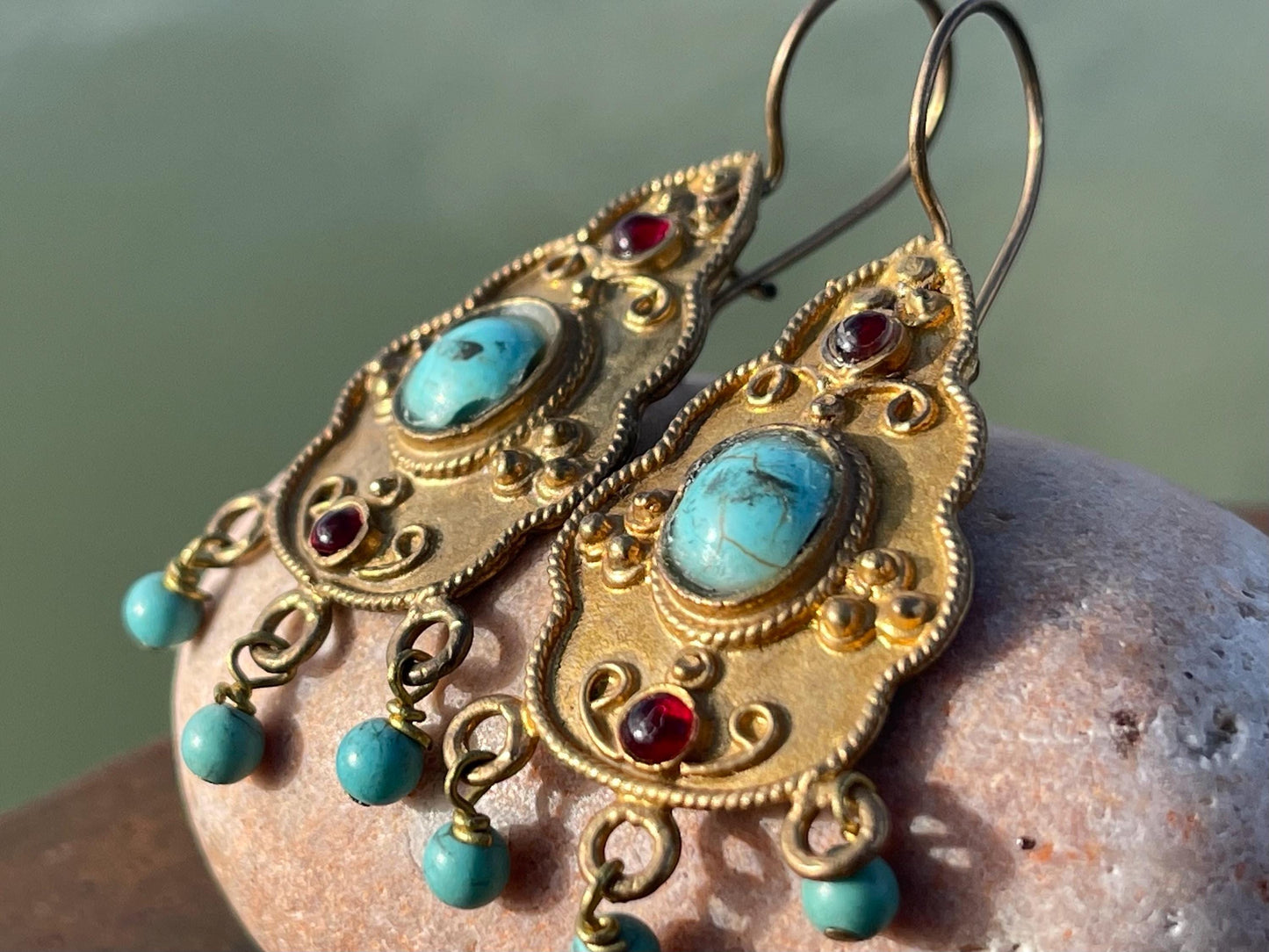 Unusual vintage jewellery, gold vintage earrings, blue jewellery, ethical jewellery, gypsy earrings, romantic gifts, eco friendly jewellery