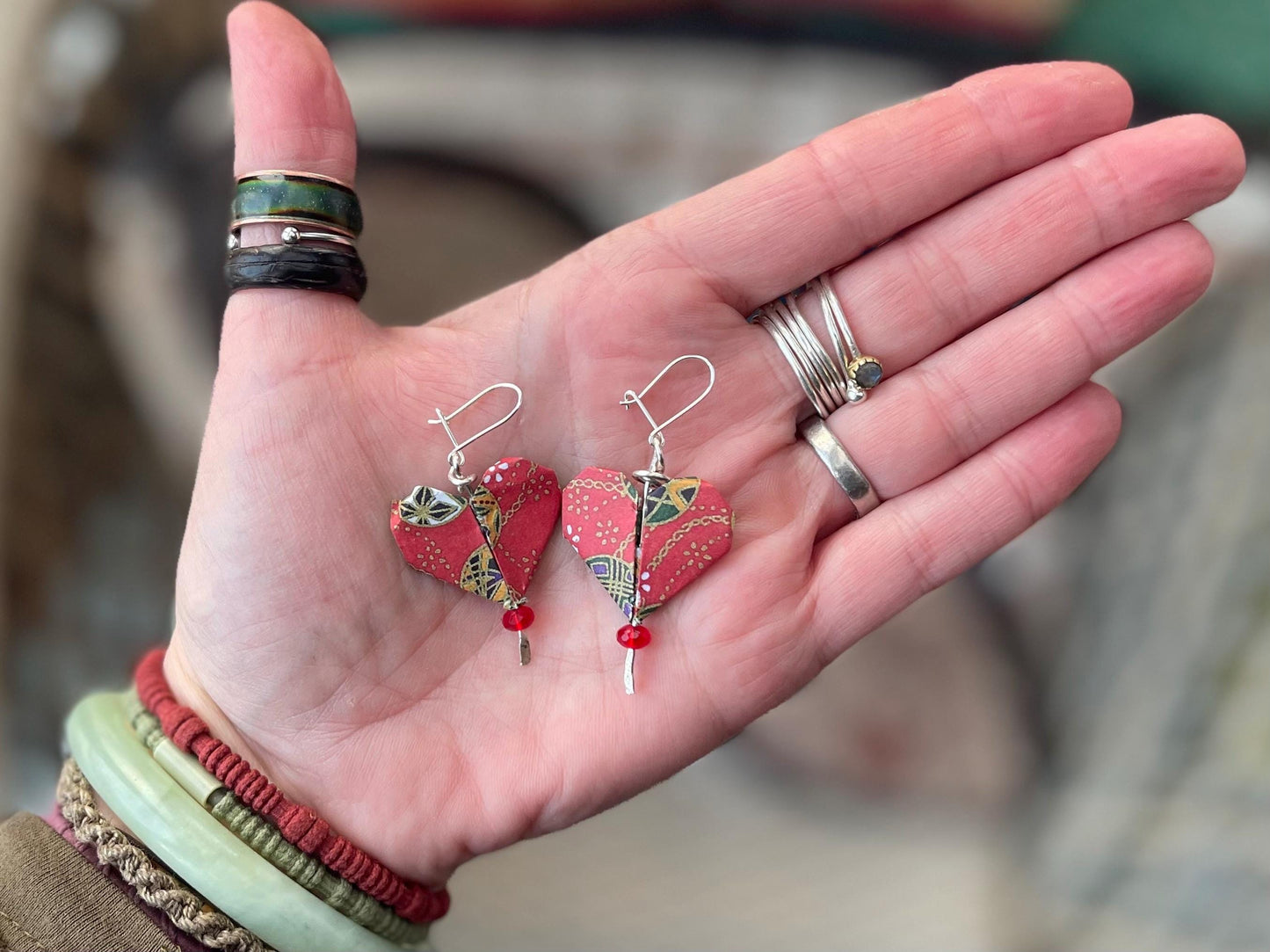 Heart origami earrings on recycled sterling silver. Eco friendly jewellery. Heart earrings. Handmade heart jewellery. Red hearts on silver