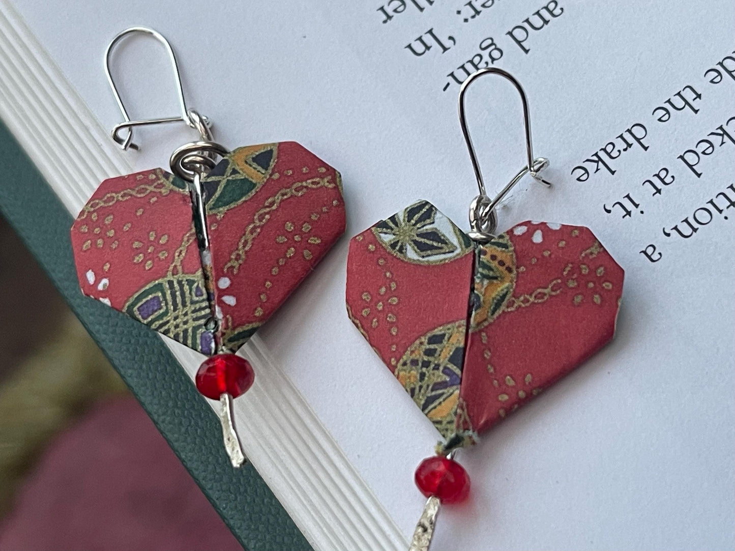 Heart origami earrings on recycled sterling silver. Eco friendly jewellery. Heart earrings. Handmade heart jewellery. Red hearts on silver
