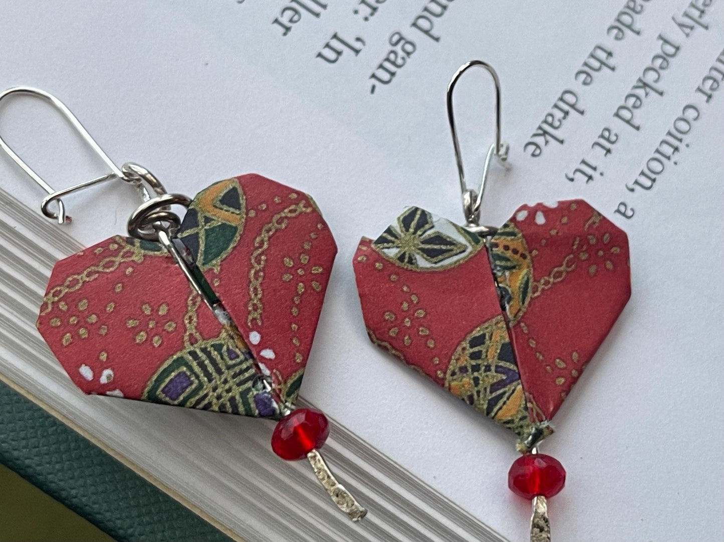Heart origami earrings on recycled sterling silver. Eco friendly jewellery. Heart earrings. Handmade heart jewellery. Red hearts on silver