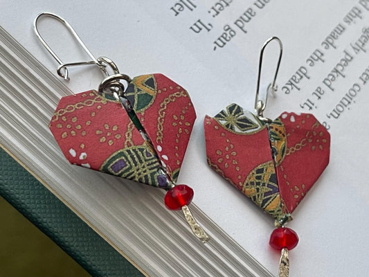 Heart origami earrings on recycled sterling silver. Eco friendly jewellery. Heart earrings. Handmade heart jewellery. Red hearts on silver