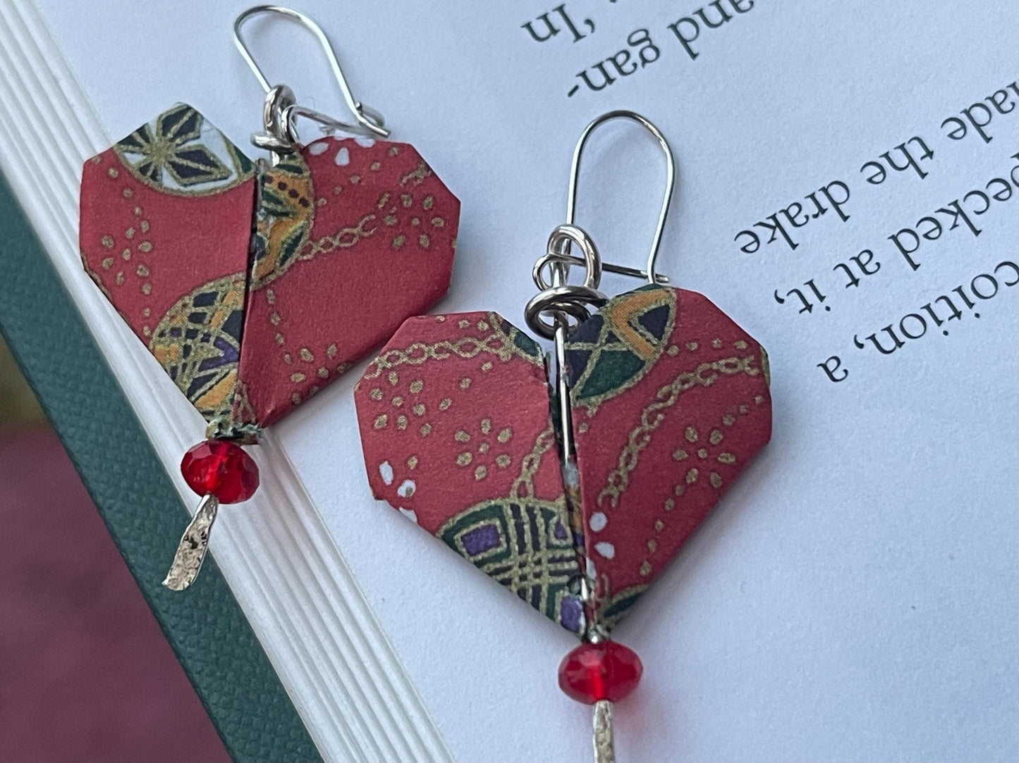 Heart origami earrings on recycled sterling silver. Eco friendly jewellery. Heart earrings. Handmade heart jewellery. Red hearts on silver