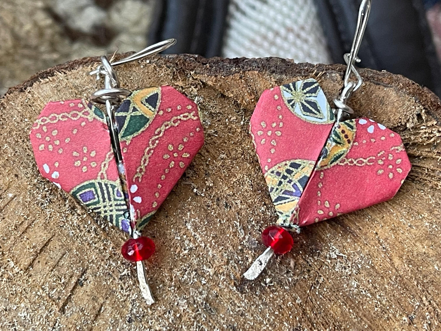 Heart origami earrings on recycled sterling silver. Eco friendly jewellery. Heart earrings. Handmade heart jewellery. Red hearts on silver