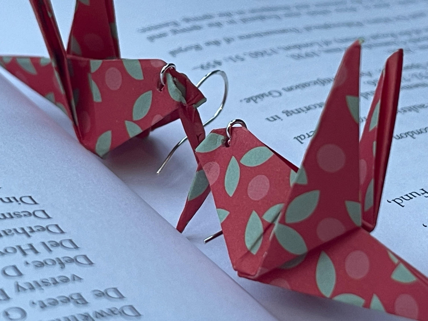 Bird origami earrings on recycled sterling silver. Eco friendly jewellery. Bird earrings. Handmade bird jewellery. Red birds on silver