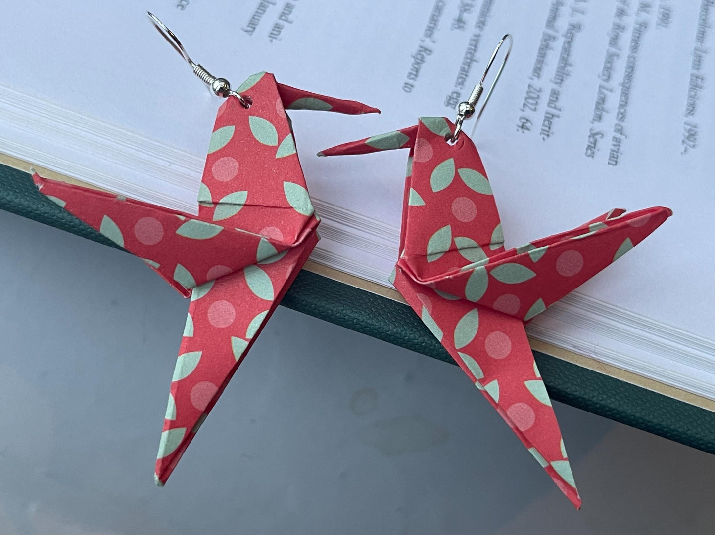 Bird origami earrings on recycled sterling silver. Eco friendly jewellery. Bird earrings. Handmade bird jewellery. Red birds on silver