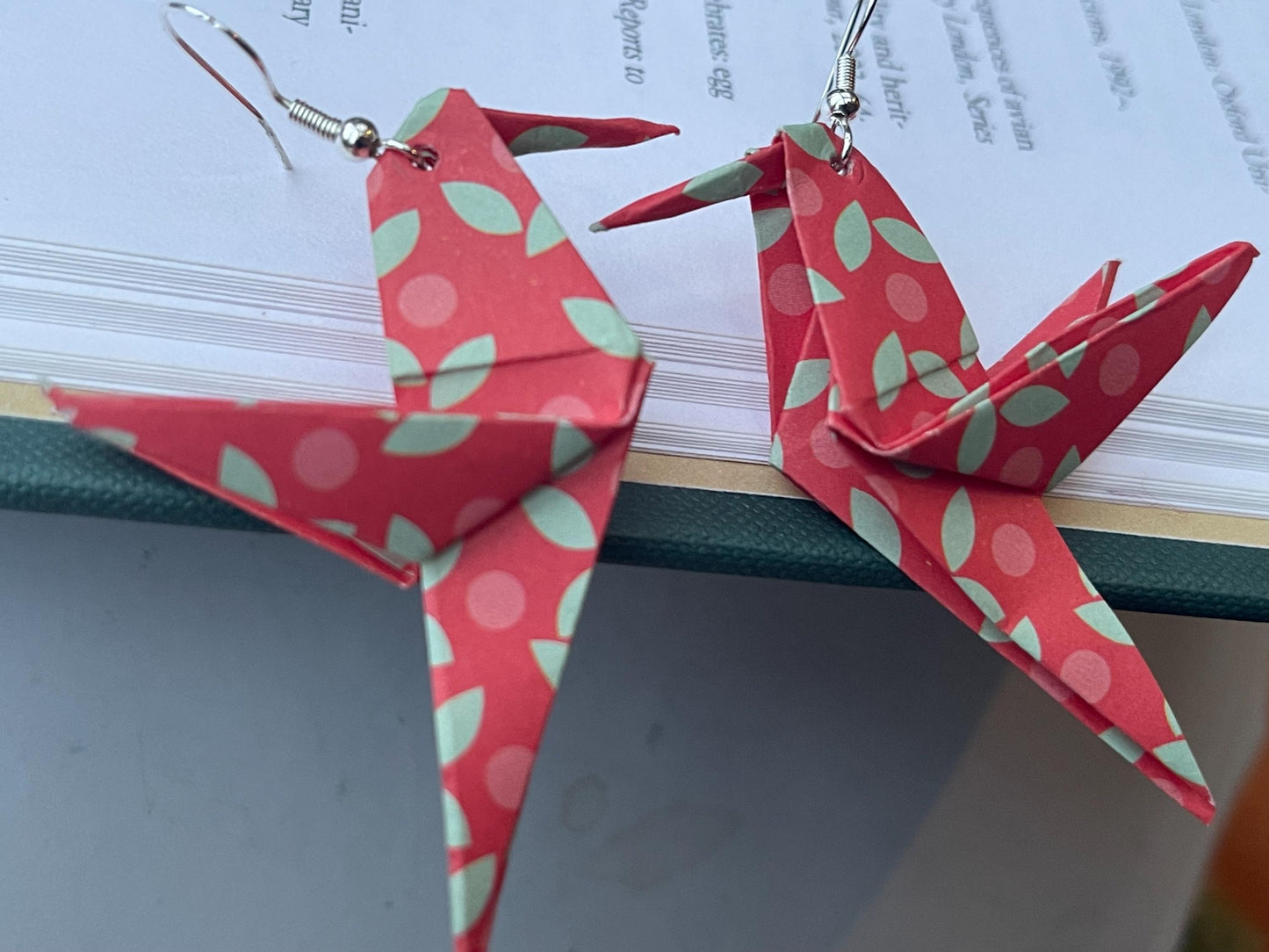 Bird origami earrings on recycled sterling silver. Eco friendly jewellery. Bird earrings. Handmade bird jewellery. Red birds on silver