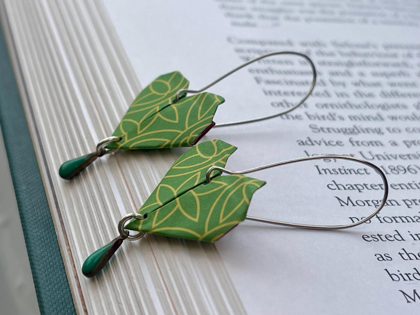 Heart origami earrings on recycled sterling silver. Eco friendly jewellery. Heart earrings. Handmade heart jewellery. Green hearts on silver