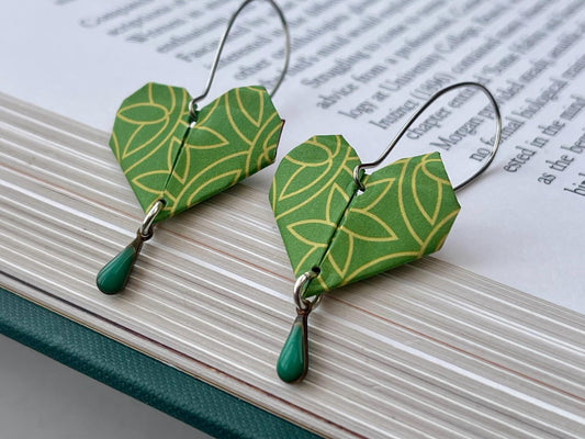 Heart origami earrings on recycled sterling silver. Eco friendly jewellery. Heart earrings. Handmade heart jewellery. Green hearts on silver