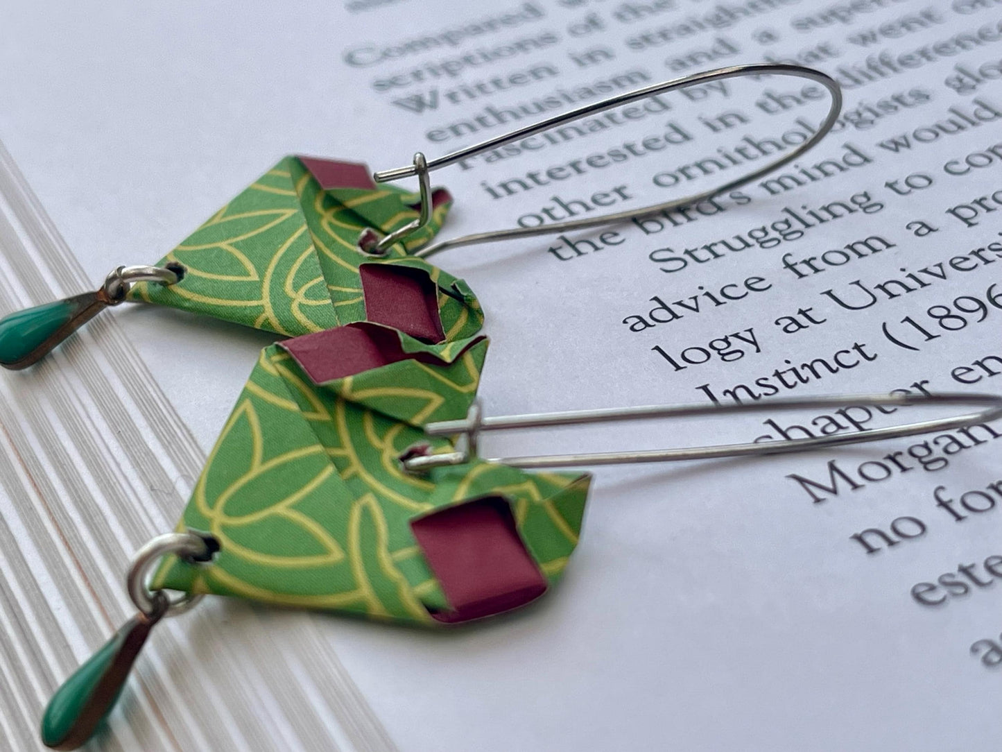 Heart origami earrings on recycled sterling silver. Eco friendly jewellery. Heart earrings. Handmade heart jewellery. Green hearts on silver