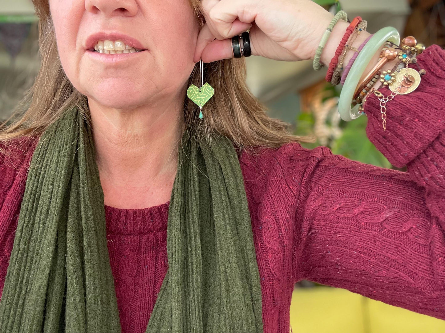 Heart origami earrings on recycled sterling silver. Eco friendly jewellery. Heart earrings. Handmade heart jewellery. Green hearts on silver