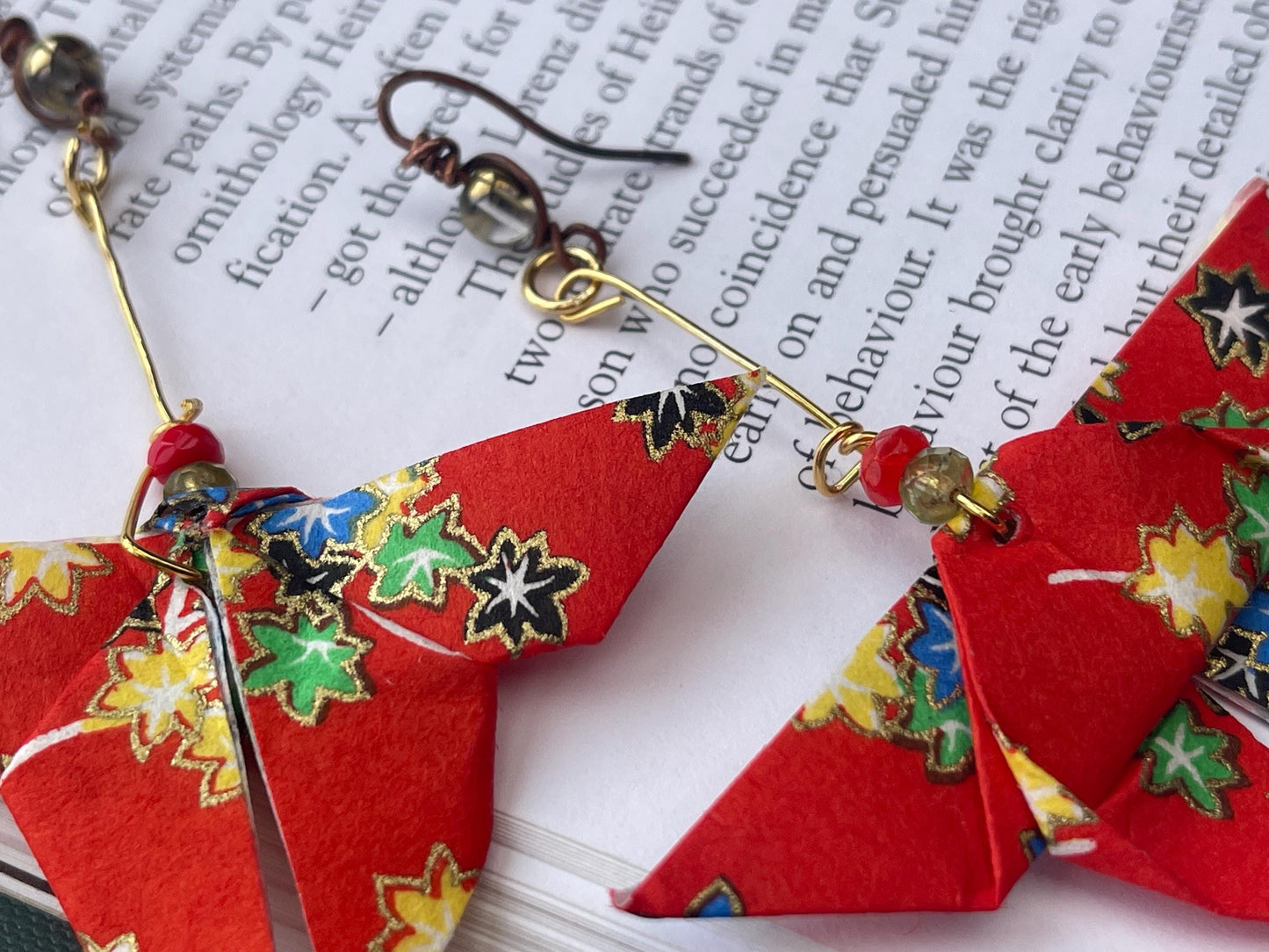 Butterfly origami earrings on recycled metals & vintage beading. Eco friendly jewellery. Butterfly earrings. Handmade butterfly jewellery.