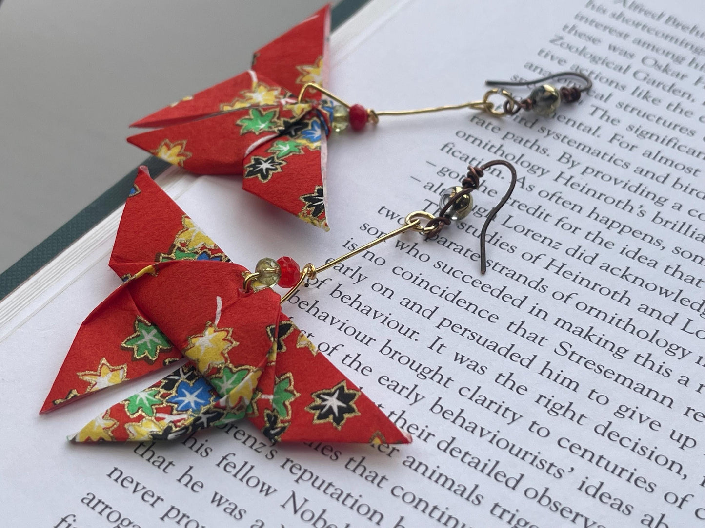 Butterfly origami earrings on recycled metals & vintage beading. Eco friendly jewellery. Butterfly earrings. Handmade butterfly jewellery.
