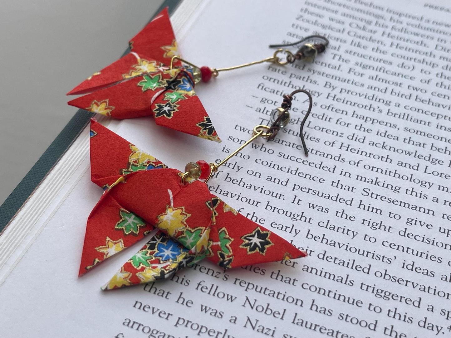 Butterfly origami earrings on recycled metals & vintage beading. Eco friendly jewellery. Butterfly earrings. Handmade butterfly jewellery.