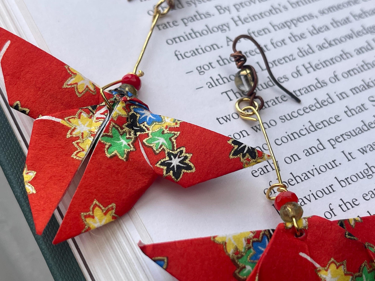 Butterfly origami earrings on recycled metals & vintage beading. Eco friendly jewellery. Butterfly earrings. Handmade butterfly jewellery.